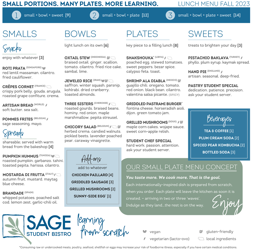 Sage Lunch menu with prices for Fall 2023