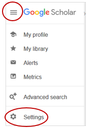 Google Scholar settings is located before the Google search field as an unlabeled button to the left of the my profile link
