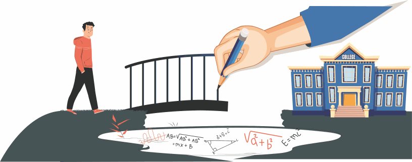 A person about to cross a partially finished bridge over a body of water of math equations, the bridge being worked on by a pencil, on the opposite side of which is a college campus