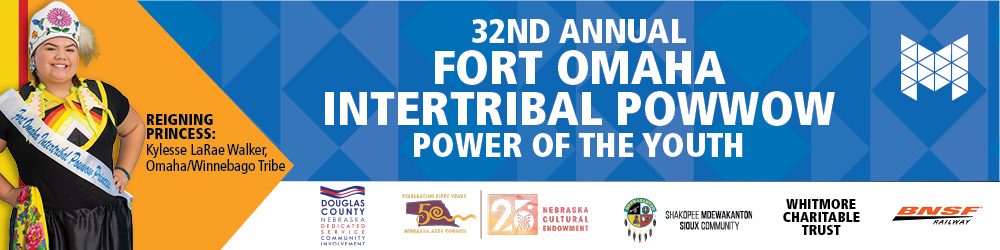 32nd Annual Fort Omaha Intertribal Powwow banner with additional sponsors