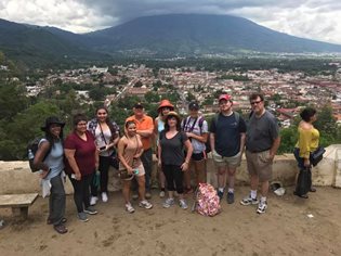 Guatemala student & faculty with view of Antigua