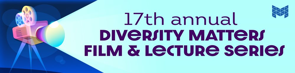 Film projector shining light with the text "17th annual diversity film and lecture series" within the light