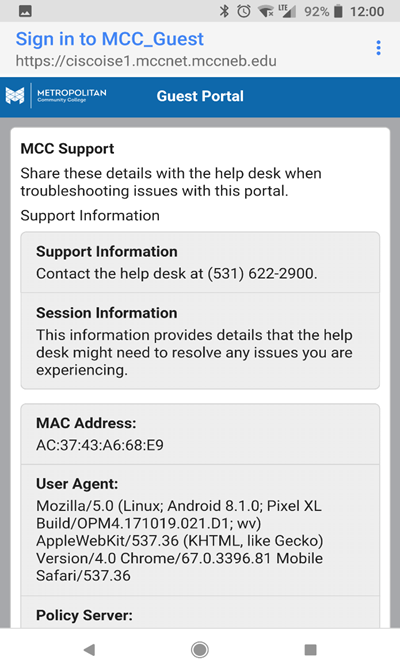 Guest Wireless Support Information Screen Eplanation