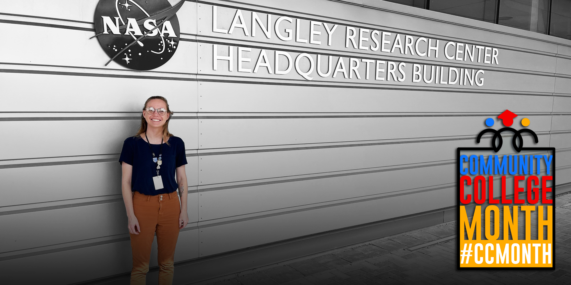 Claire Pape standing in front of NASA's Langley Research Center in Hampton, Virginia
