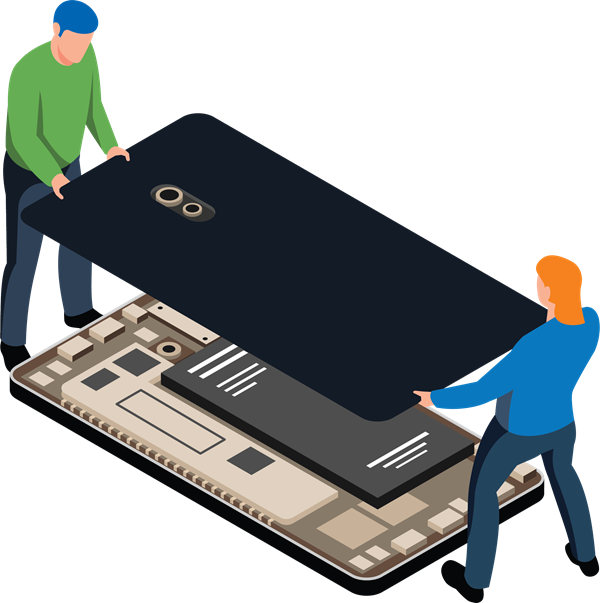 Two people lift the back off an oversized smartphone exposing the battery and main logic board